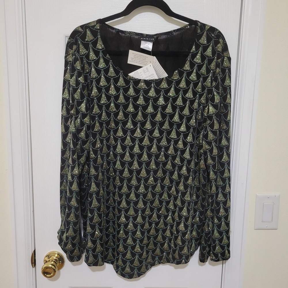 CitiKnits XL Black Gold Glitter Art Deco Fan Print Long Sleeve Top NWT